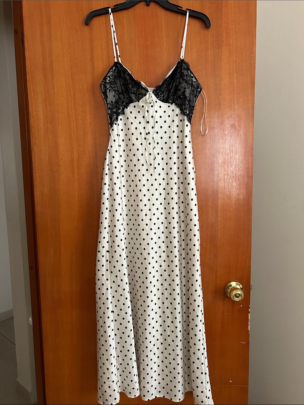 Polka Dot Maxi Slip Dress with Black Lace Bust